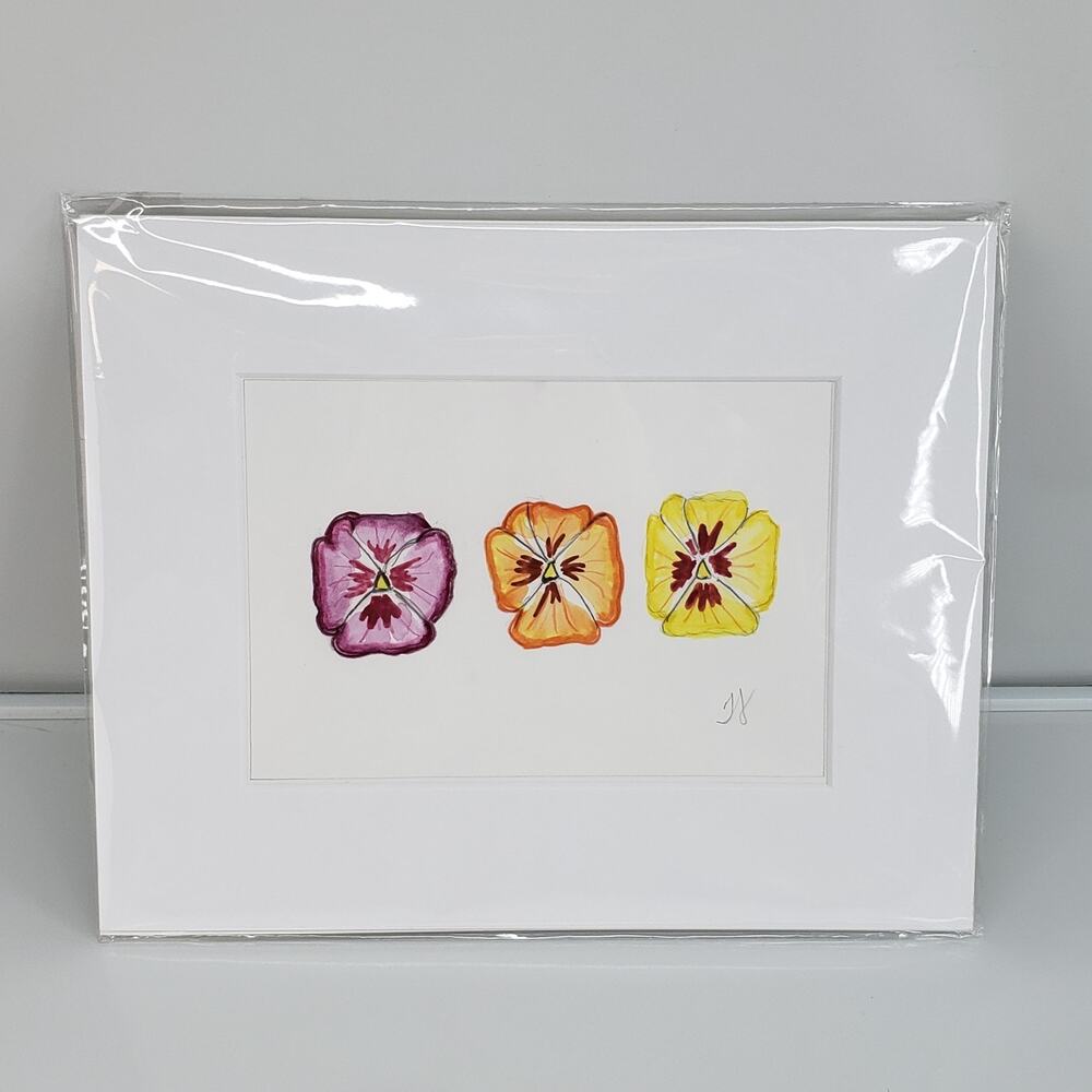 Original Watercolor Pansy Flower Art Signed Teresa Johnston Pink Orange Yellow